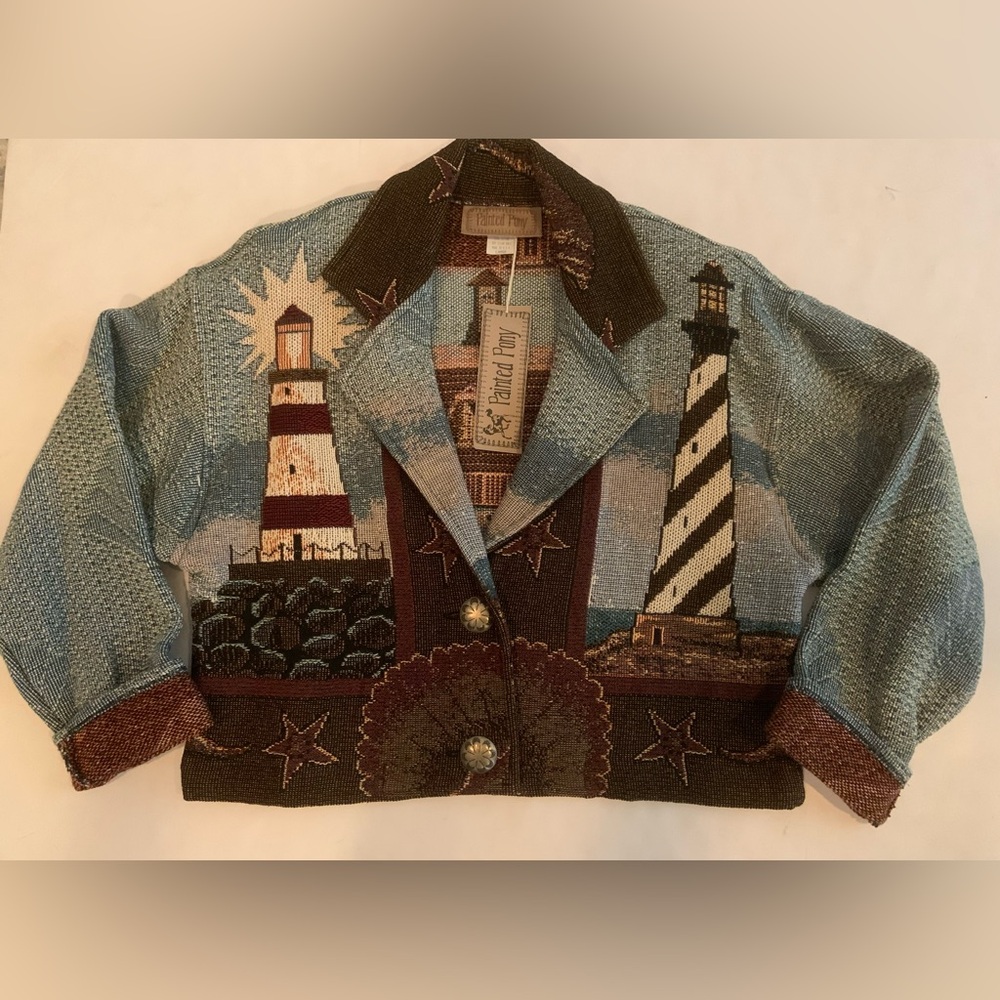 Vintage 90’s Painted Pony's Tapestry Lighthouse Nautical Jacket Size Large NWT - Picture 4 of 16